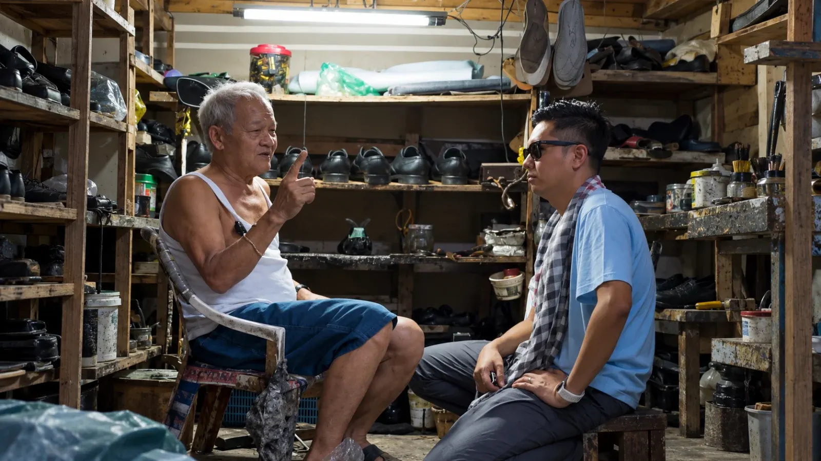 Jack Logan talks to Tatay Oly Santos inside his workshop in Marikina